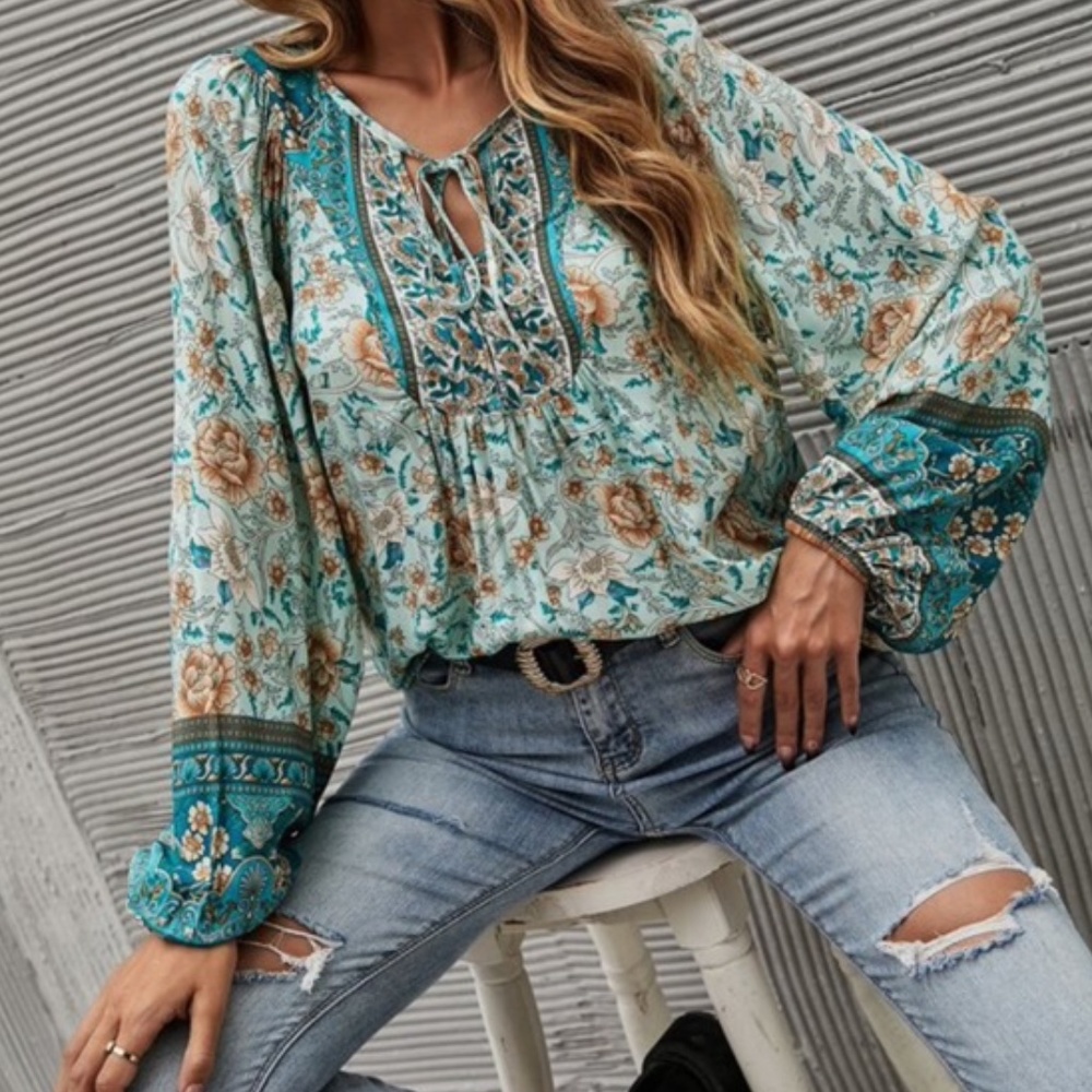 Turquoise Floral Bohemian Peasant Blouse - Picture 3 of 3